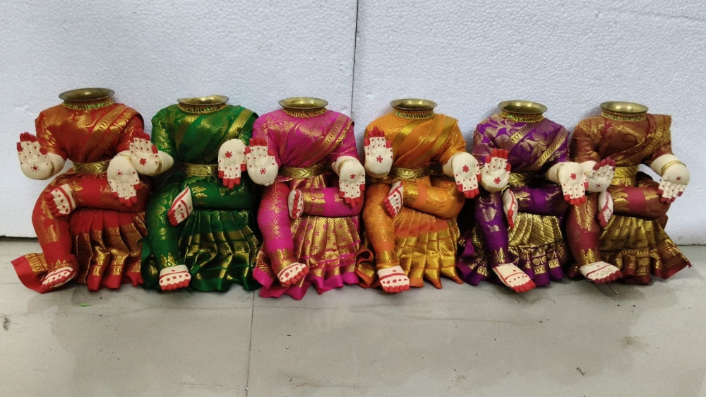 8 inch handcrafted Lakshmi doll base with Banarasi silk fabric and brass Kalash-ArtyCraftz.com