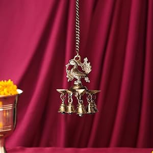 Peacock Design Brass Hanging Diya with Bells, Height: 14 Inches