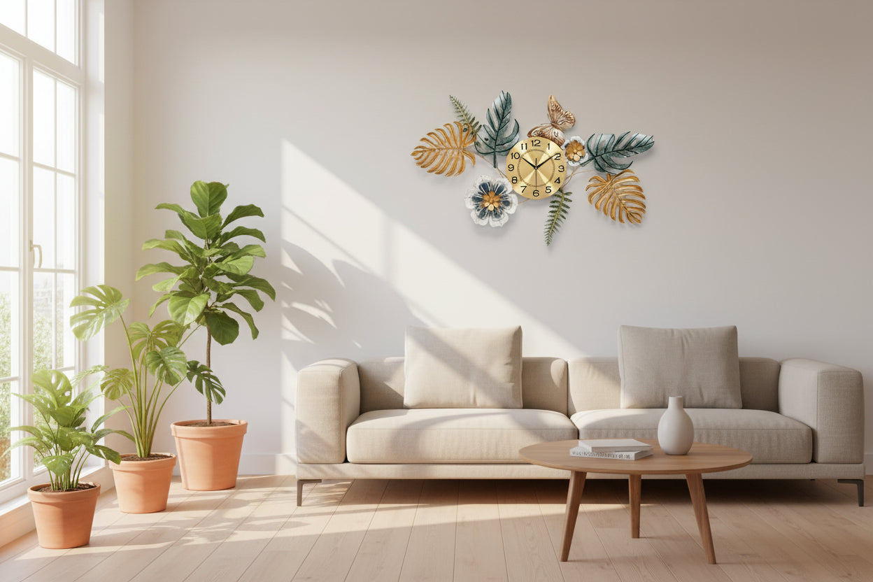 90 cm iron leaf and floral decorative wall clock with butterfly design-ArtyCraftz.com
