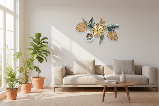 90 cm iron leaf and floral decorative wall clock with butterfly design-ArtyCraftz.com