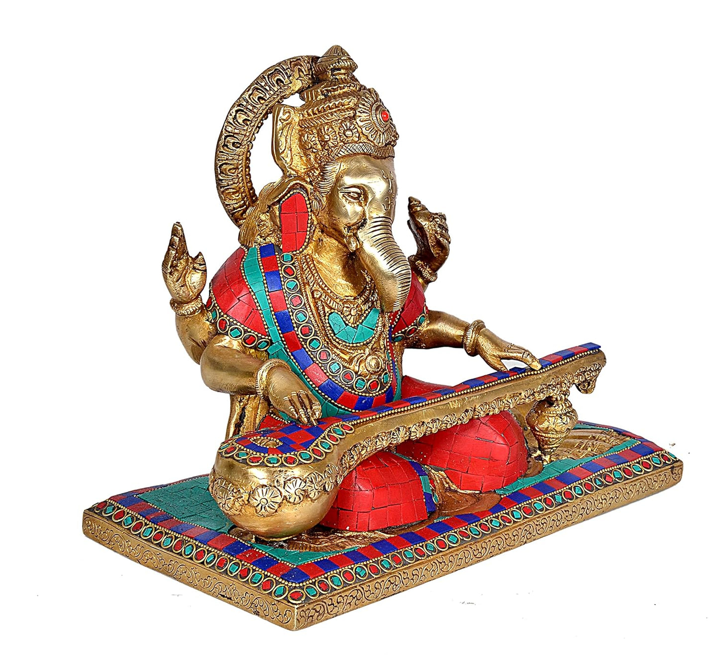 Brass Lord Ganesha Playing with Sitar Idol Figurine Showpiece