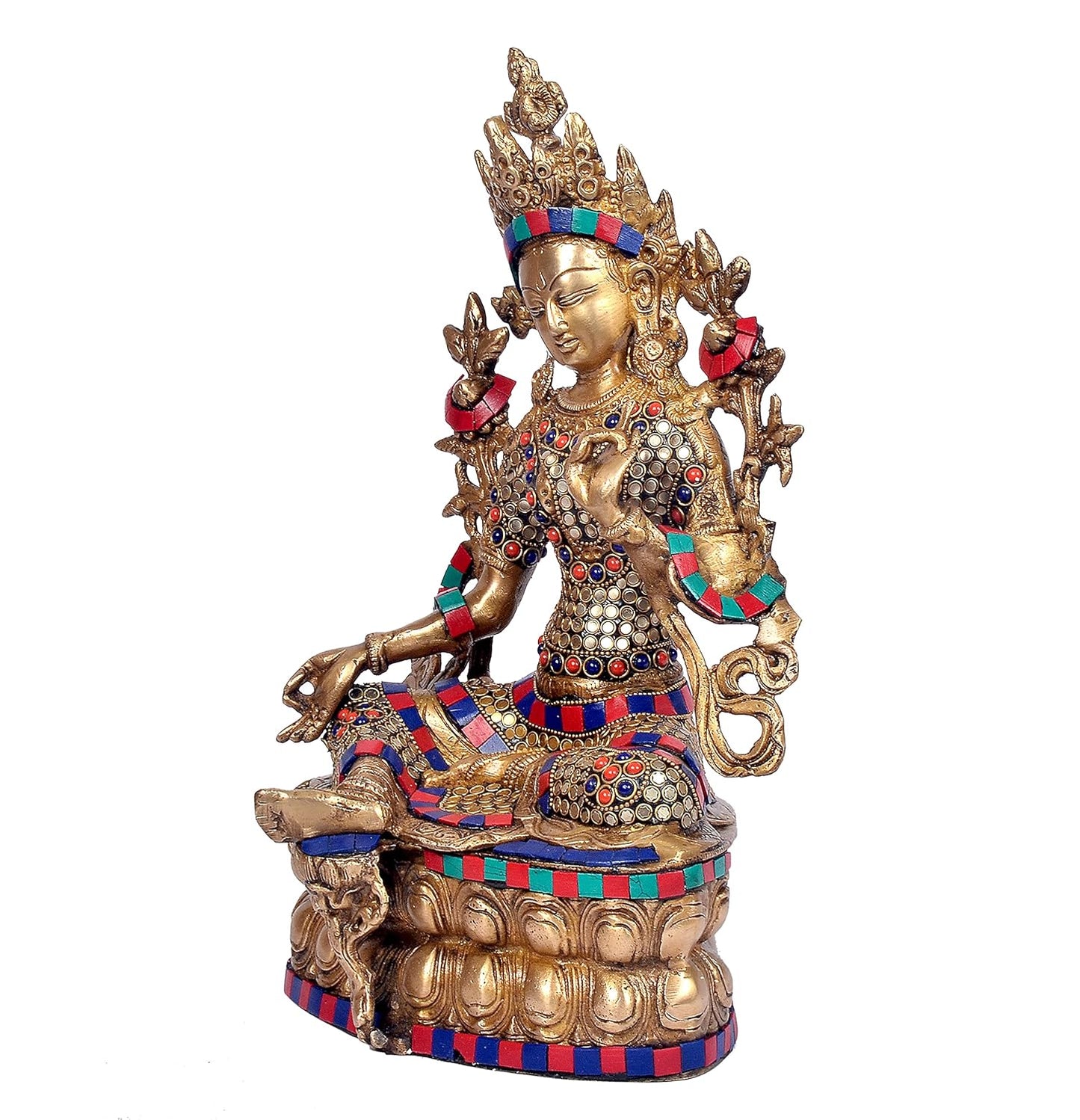 Brass Goddess Tara Idol with Stone Inlay-ArtyCraftz.com