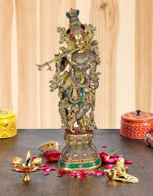 Krishna Standing with Flute Statue in Brass Height : 30 Inch
