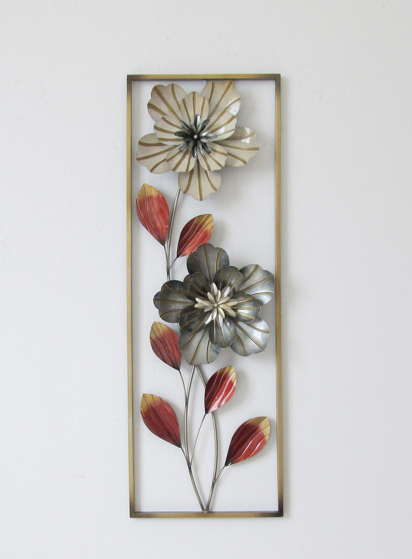 Flower and Leaves Metal Wall Decor with Frame 12"x36