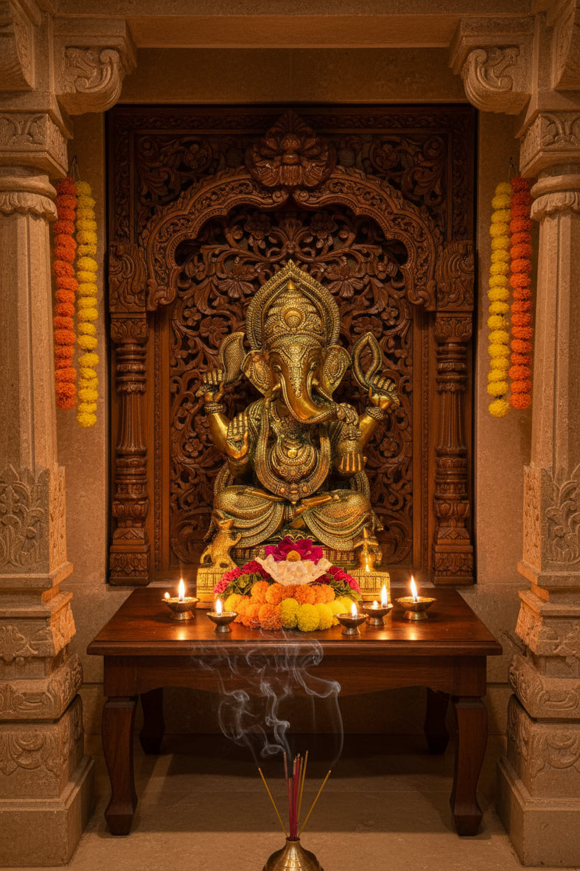 Handcrafted Ganesha Statue with Stone Inlay – Luxury Ganpati Idol for Home Decor