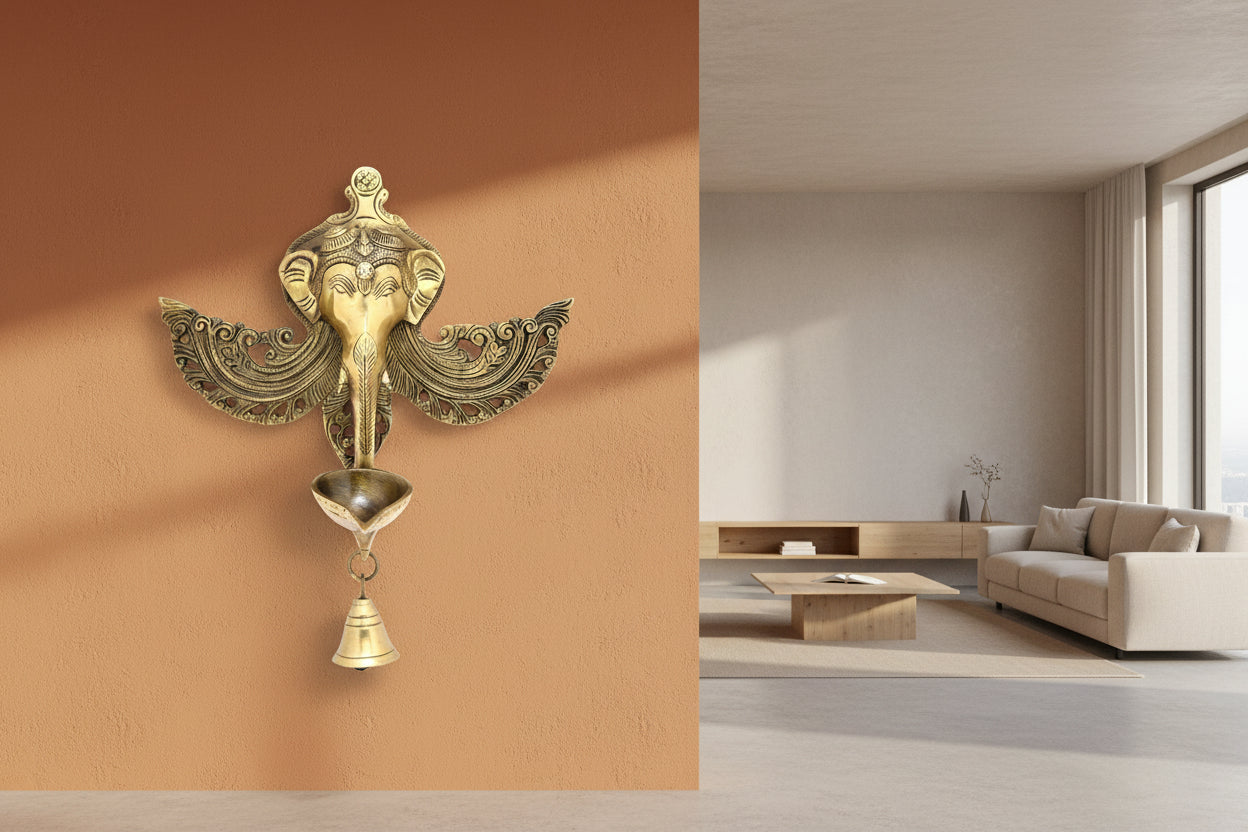 Brass Winged Ganesh Wall Hanging Lamp-ArtyCraftz.com