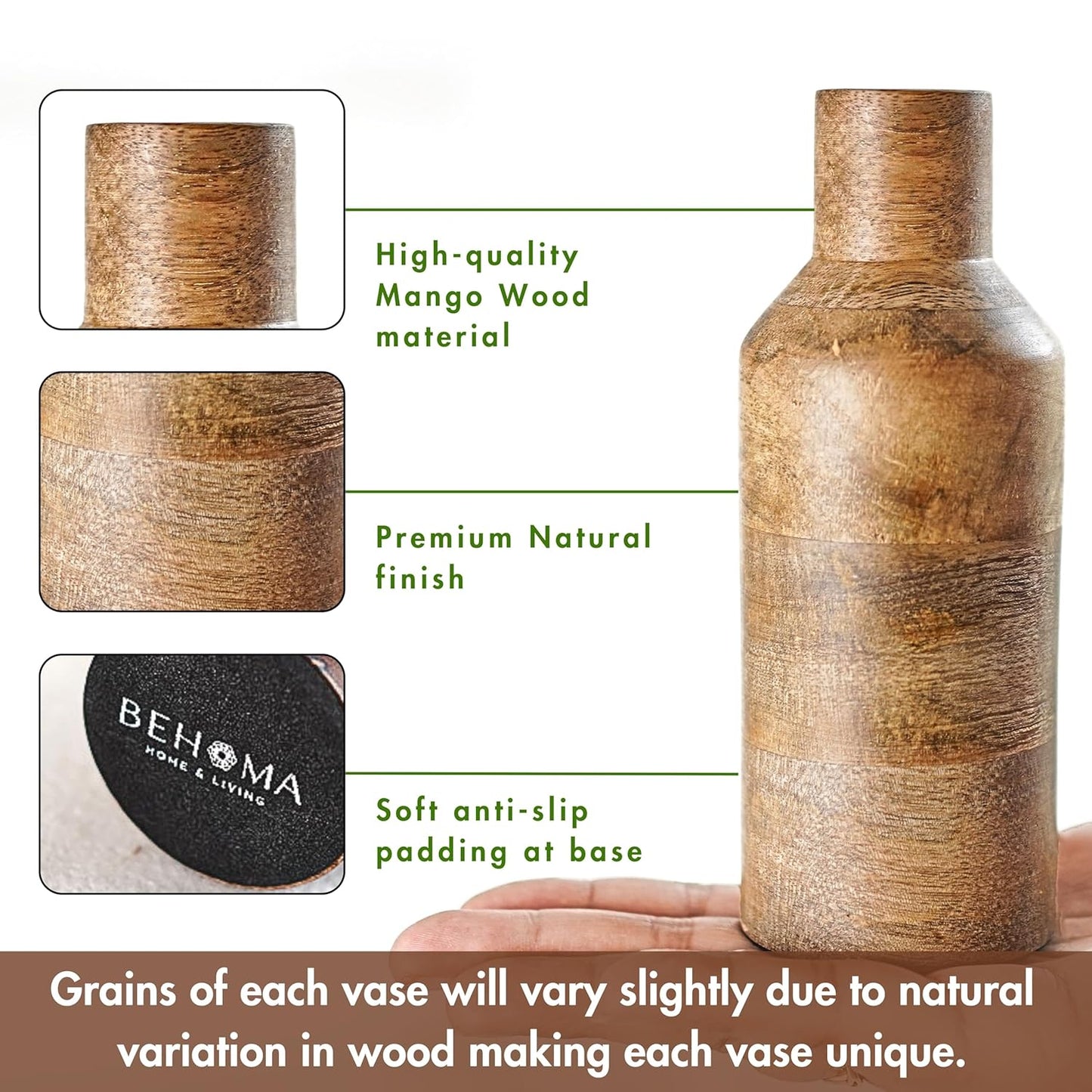 Wooden vase with high-quality mango wood material, premium natural finish, and soft anti-slip padding at base. Behoma brand visible.