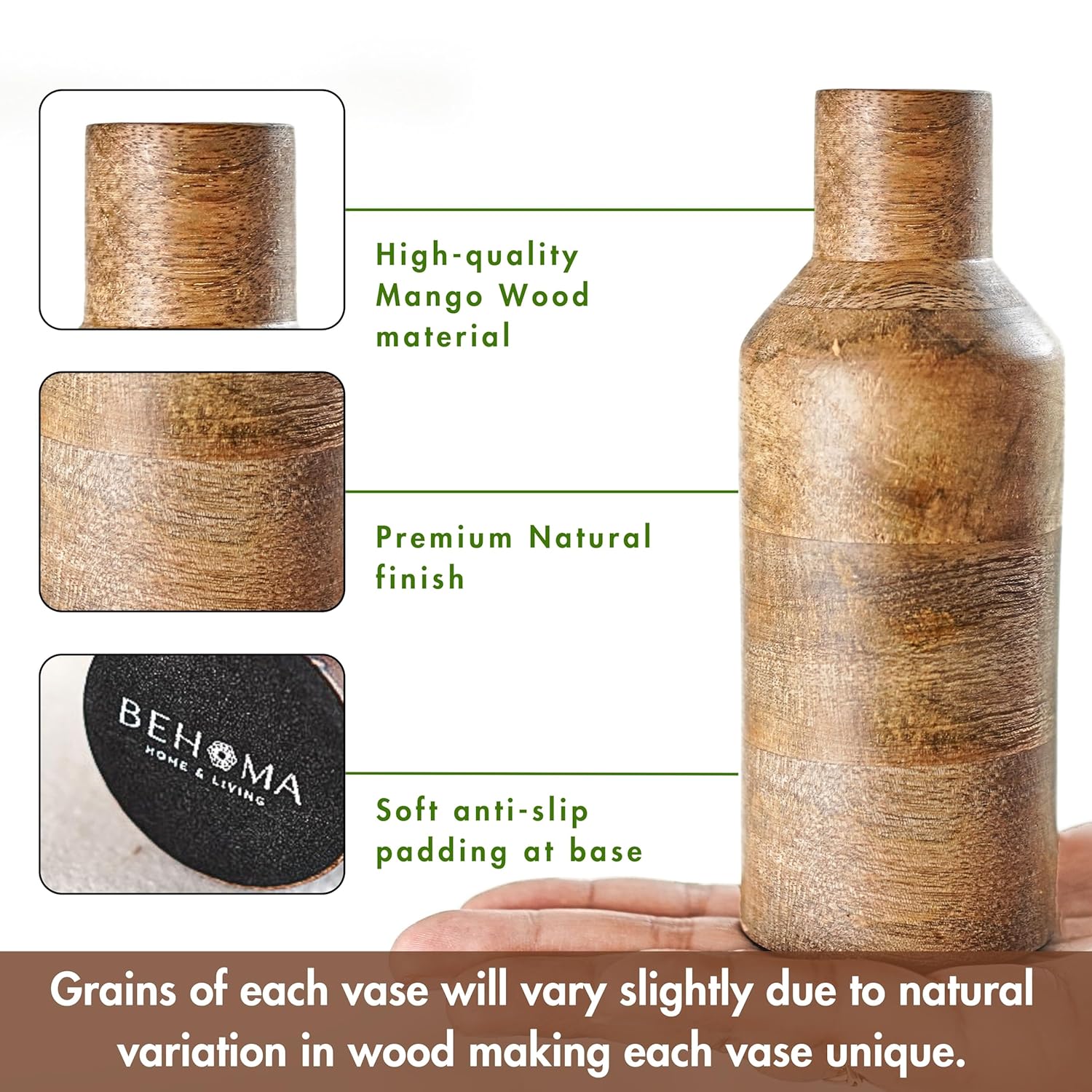 Wooden vase with high-quality mango wood material, premium natural finish, and soft anti-slip padding at base. Behoma brand visible.