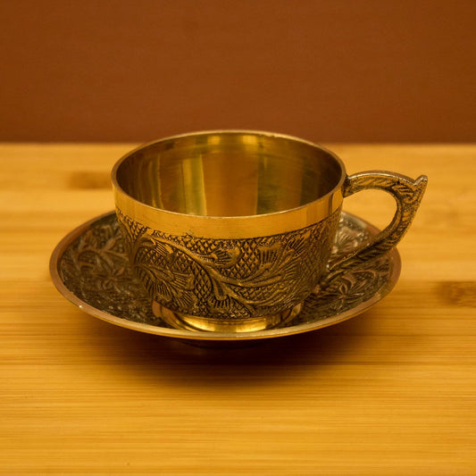 Luxury Handcrafted Brass Tea Cup with Engraved Saucer – 125 ML