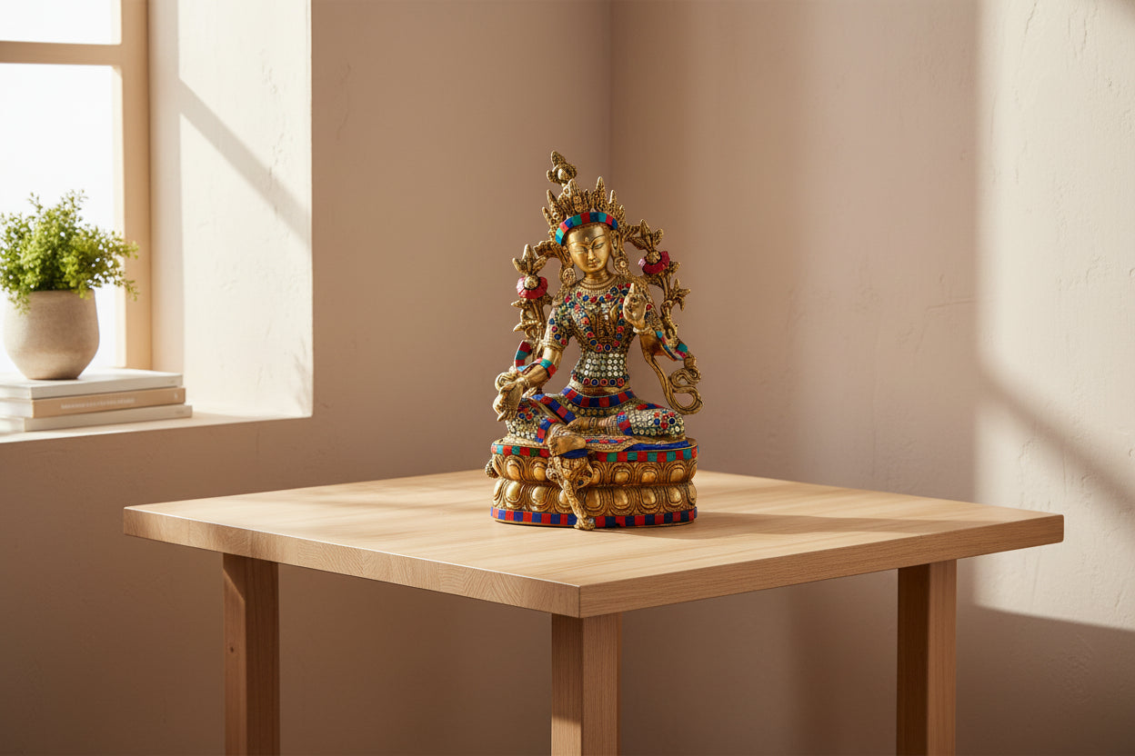 Brass Goddess Tara Idol with Stone Inlay-ArtyCraftz.com