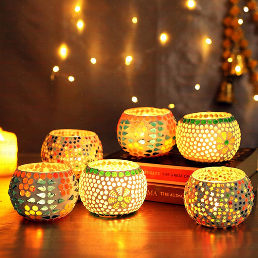 Pack of 6 Mosaic Glass Votive Tealight Candle Holders for Dining Table - Christmas Decorations