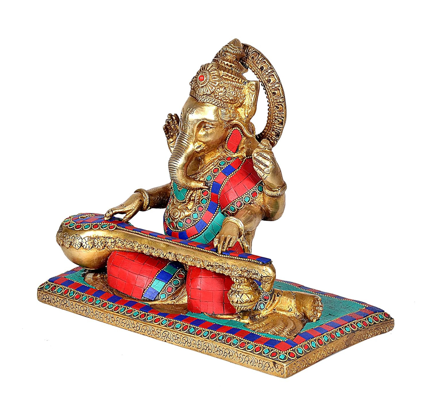 Brass Lord Ganesha Playing with Sitar Idol Figurine Showpiece