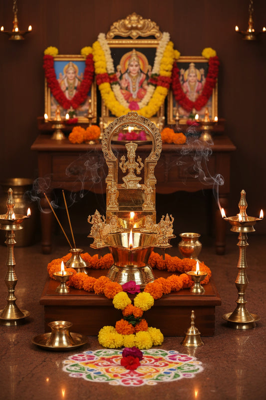 Brass Goddess Mariamman with Dieties lamp- Traditional Pooja Deepam with Idol Set