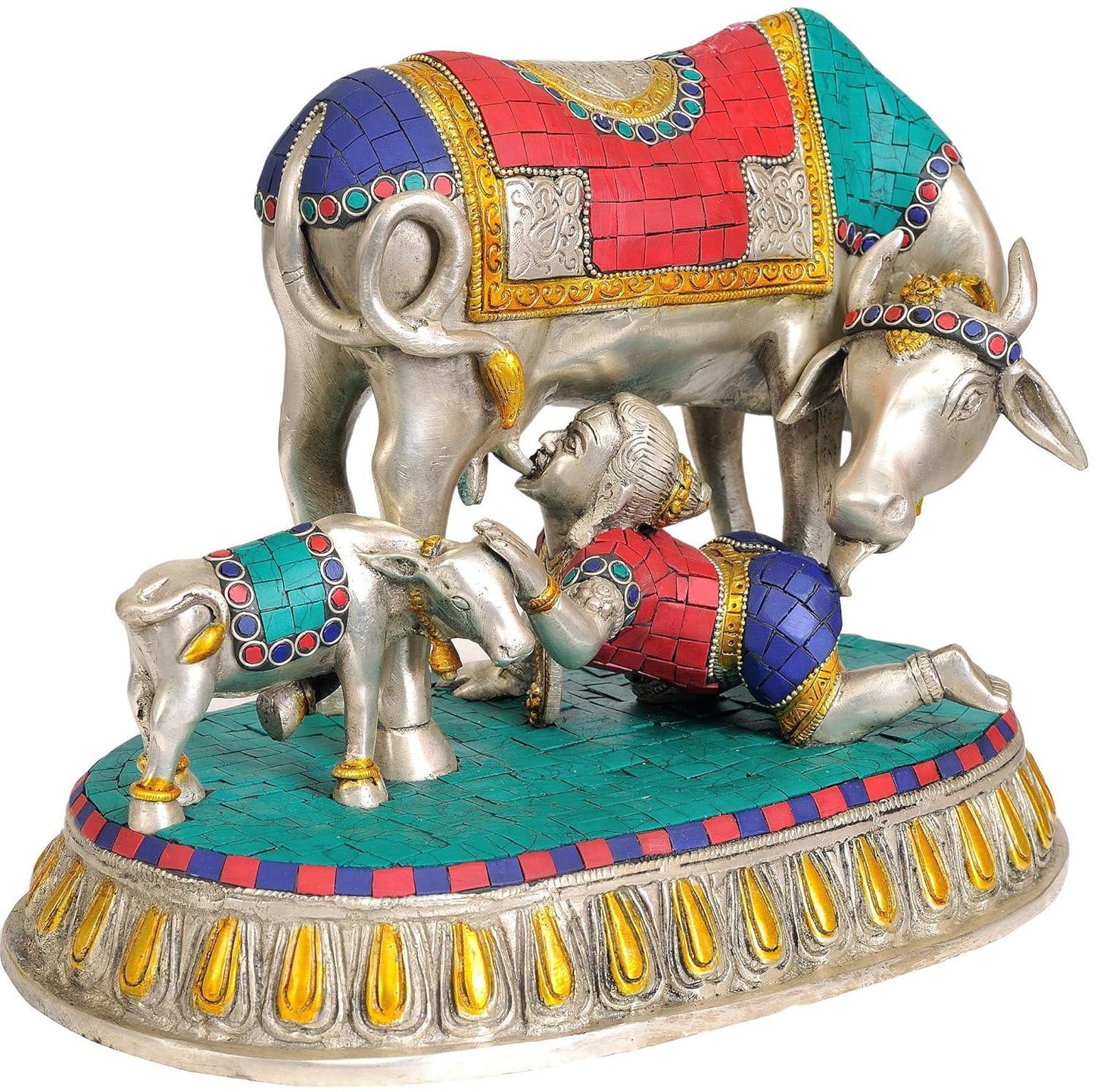 Brass Krishna with Cow & Calf Statue- ArtyCraftz.com