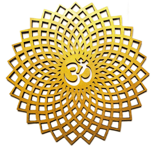 Decorative gold plate with a geometric pattern and om symbol on a white background
