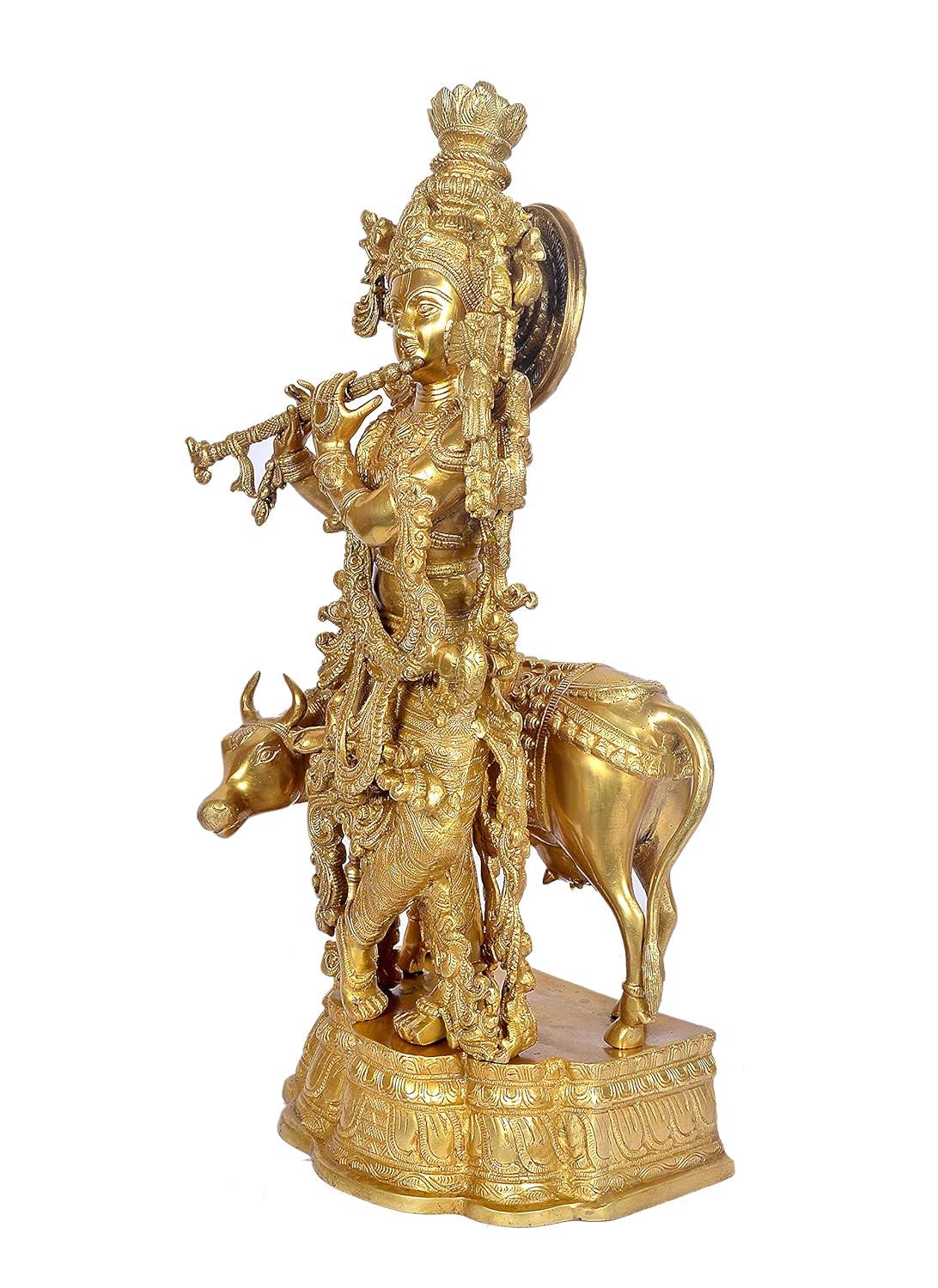 Large Brass Krishna with Cow Statue -ArtyCraftz.com