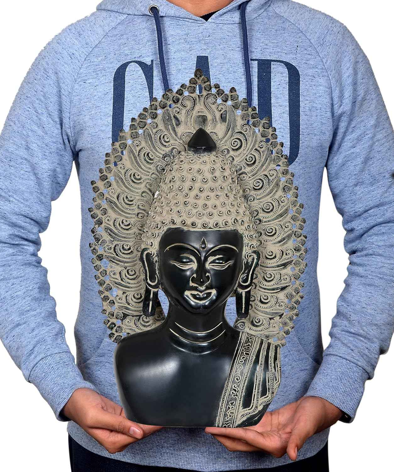 Brass Buddha Head Bust 18 Inch Handcrafted Black & Silver Prabhavali Arch Statement Piece | Meditation & Contemporary Sacred Decor