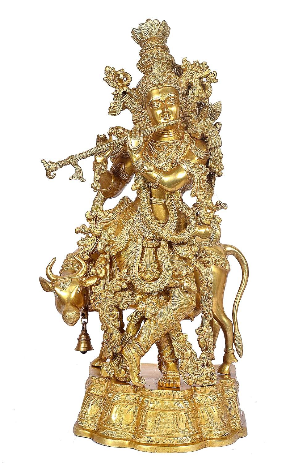 Large Brass Krishna with Cow Statue -ArtyCraftz.com