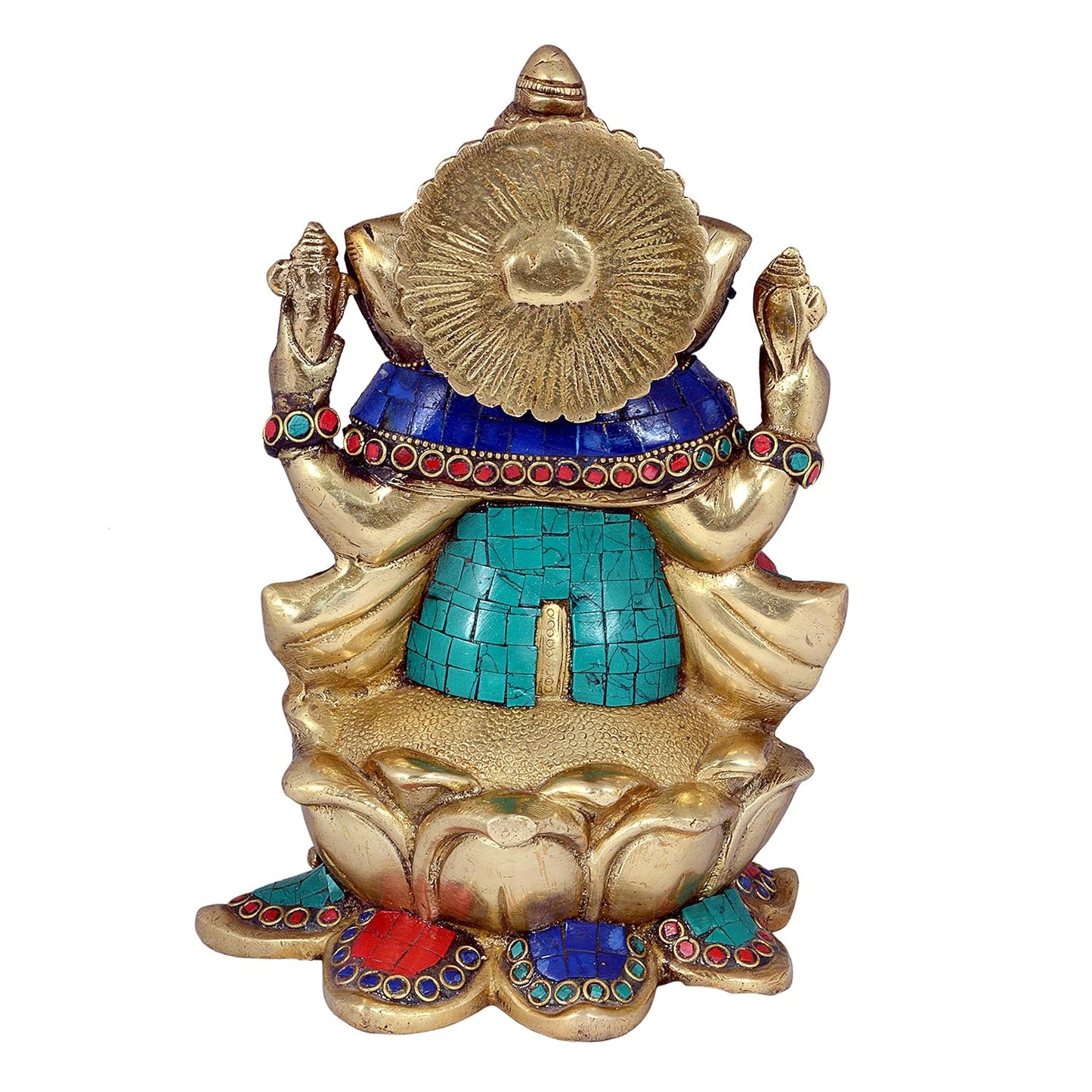 Ganesha Brass Sculpture Sitting On Lotus Turquoise Finished Height 9.5 Inch