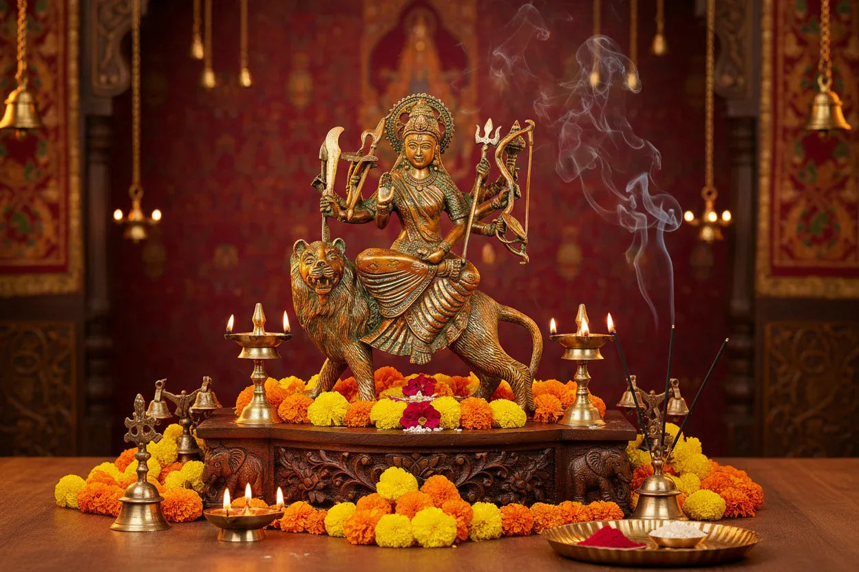 Brass Durga Mata on Lion 11.5 Inch Handcrafted Eight-Armed Sherawali Statue | Antique Copper & Green Two-Tone | Temple Grade