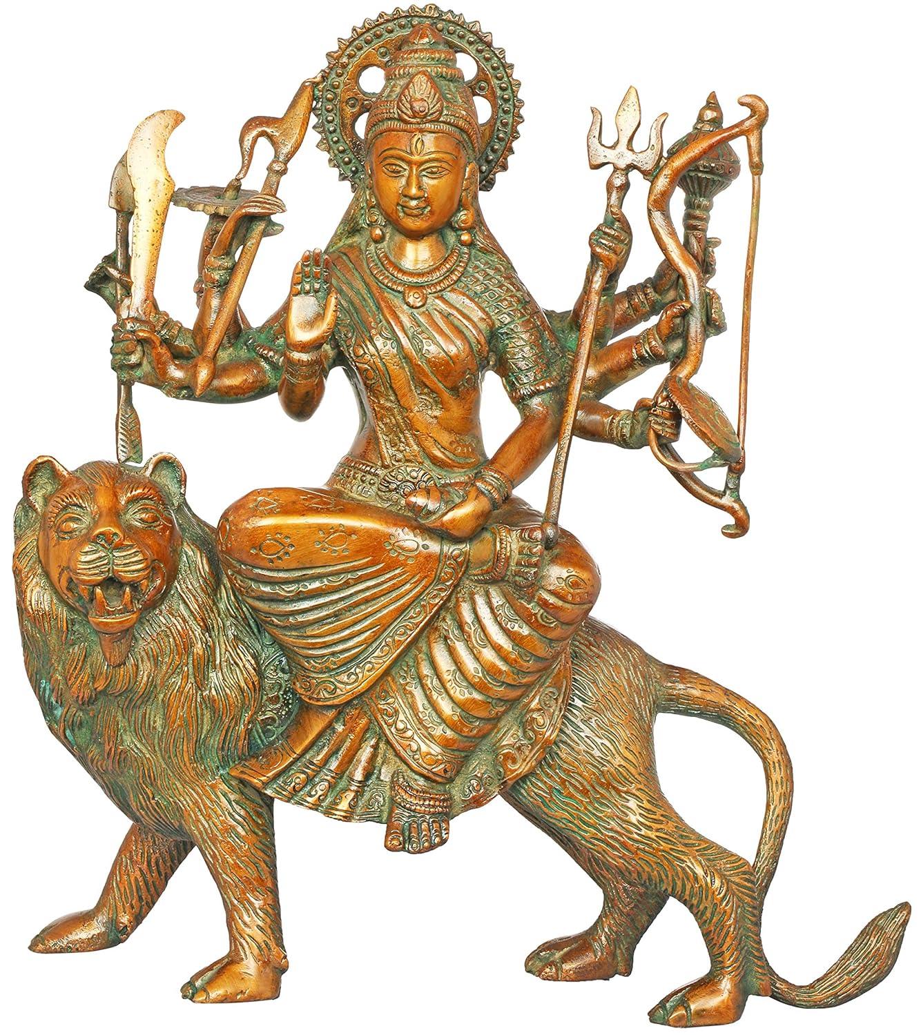 Brass Durga Mata on Lion 11.5 Inch Handcrafted Eight-Armed Sherawali Statue | Antique Copper & Green Two-Tone | Temple Grade
