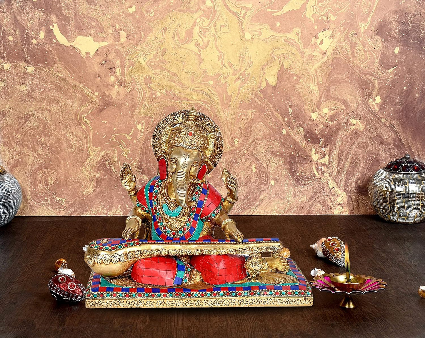 Brass Lord Ganesha Playing with Sitar Idol Figurine Showpiece