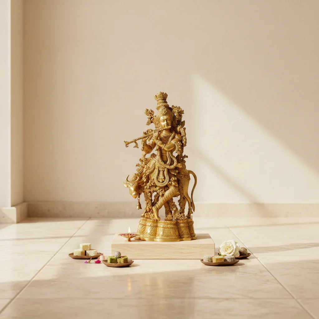 Large Brass Krishna with Cow Statue -ArtyCraftz.com