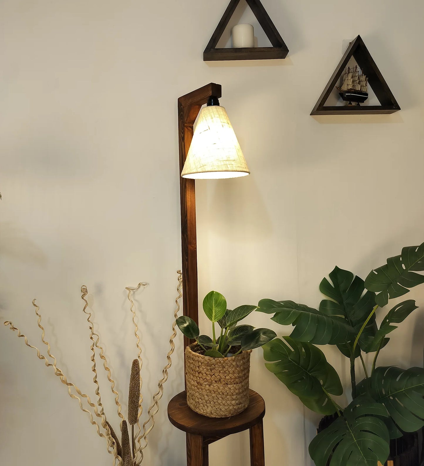 Accent Wooden Floor Lamp with Brown Base and Beige Fabric Lampshade - ArtyCraftz.com