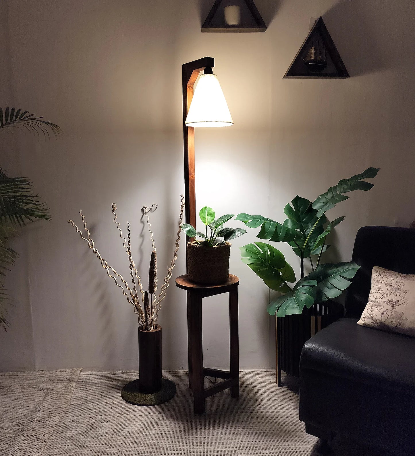 Accent Wooden Floor Lamp with Brown Base and Beige Fabric Lampshade - ArtyCraftz.com