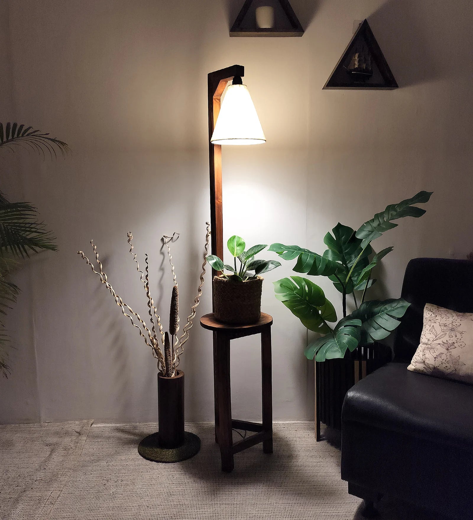 Accent Wooden Floor Lamp with Brown Base and Beige Fabric Lampshade - ArtyCraftz.com