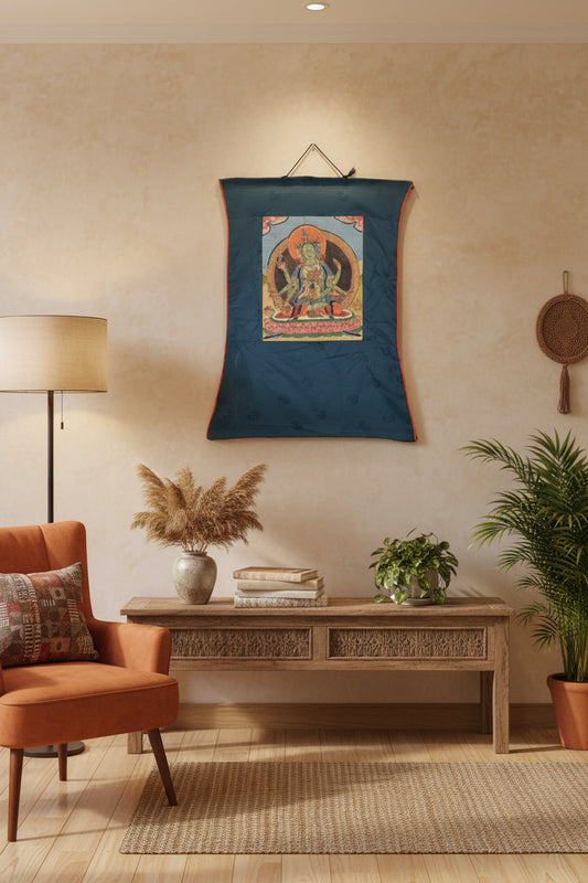 Akshobhyavajra Thangka painting with blue fabric border wall hanging-ArtyCraftz.com