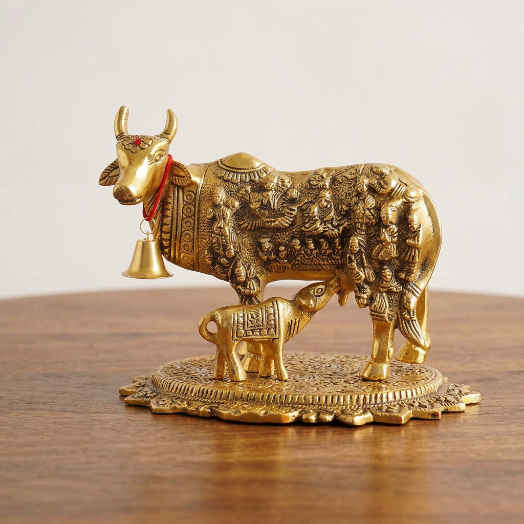 Aluminium Cow and Calf Statue with Gold-Tone Finish and Intricate Traditional Embossed Details, 23 cm-artycraftz.com