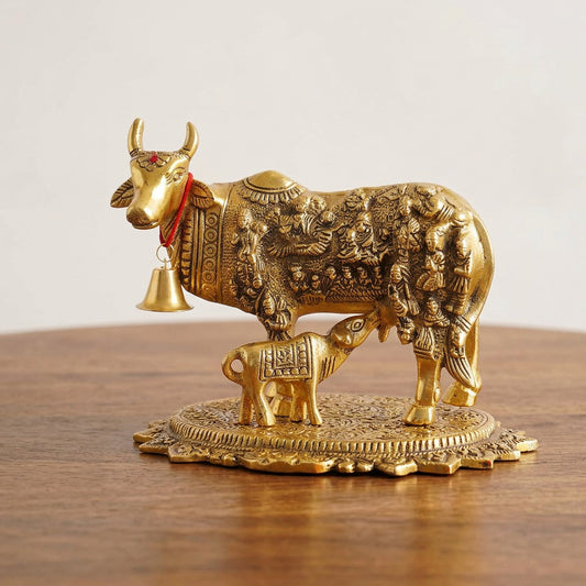 Aluminium Cow and Calf Statue with Gold-Tone Finish and Intricate Traditional Embossed Details, 23 cm-artycraftz.com