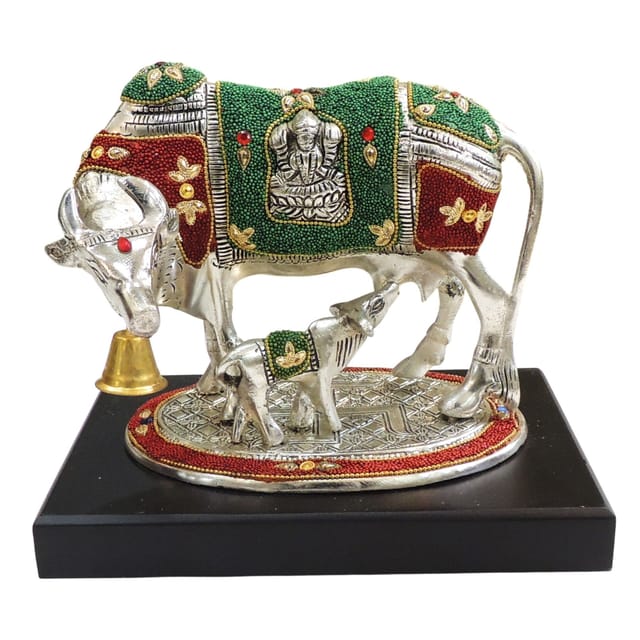 Aluminium Cow and Calf Statue with Silver-Tone Finish, Colorful Decorative Details and Black Base-artycraftz.com