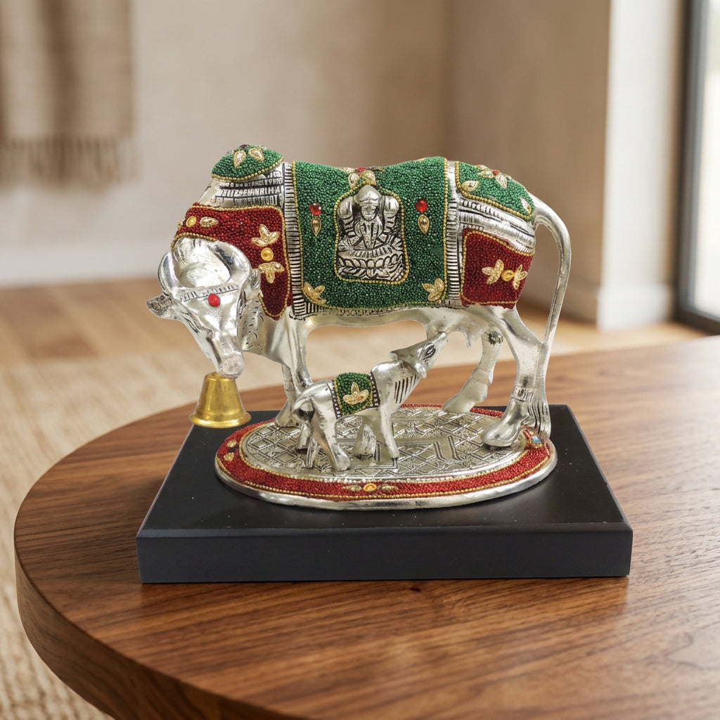 Aluminium Cow and Calf Statue with Silver-Tone Finish, Colorful Decorative Details and Black Base-artycraftz.com