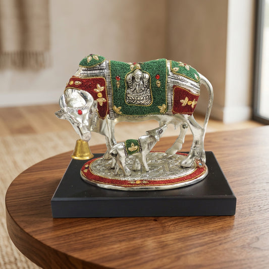 Aluminium Cow and Calf Statue with Silver-Tone Finish, Colorful Decorative Details and Black Base-artycraftz.com