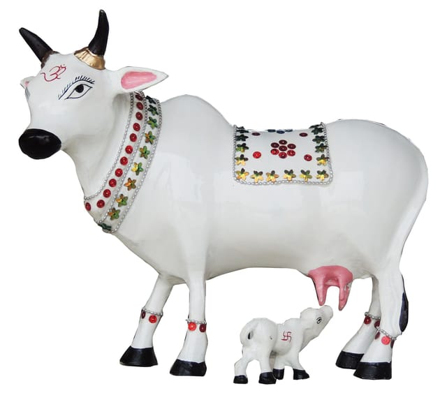 Aluminium White Cow and Calf Statue with Colorful Decorative Patterns, 12.5 Inch-artycraftz.com