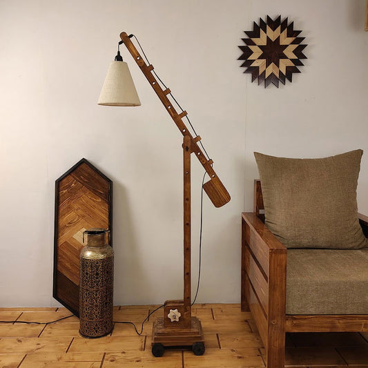 Angler Wooden Floor Lamp with Brown Base and Jute Fabric Lampshade - ArtyCraftz.com
