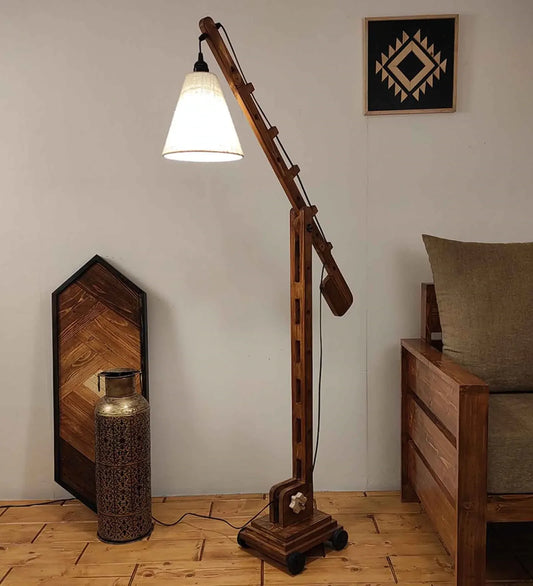 Angler Wooden Floor Lamp with Brown Base and Jute Fabric Lampshade-ArtyCraftz.com