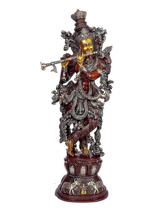Antique Brown Gold Handcrafted Brass Radha Krishna 29 Inch Statue-ArtyCraftz.com