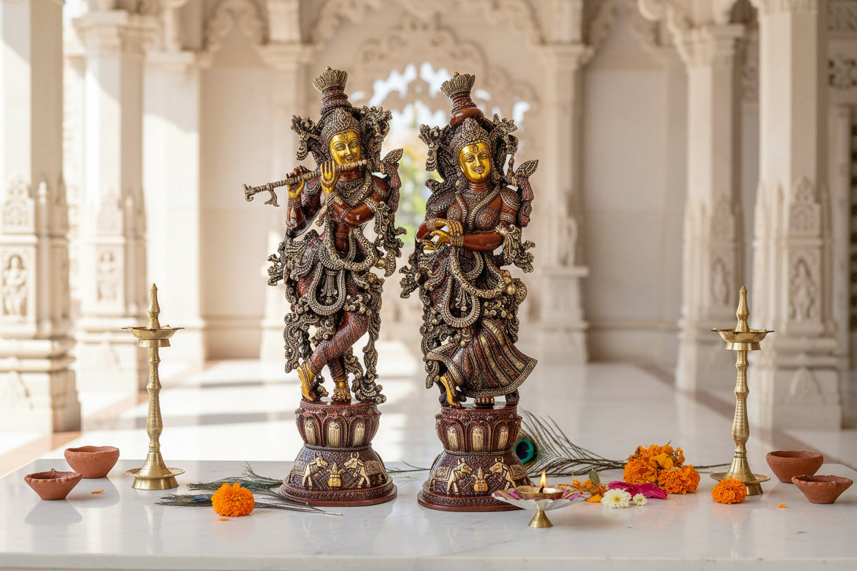 Antique Brown Gold Handcrafted Brass Radha Krishna 29 Inch Statue-ArtyCraftz.com