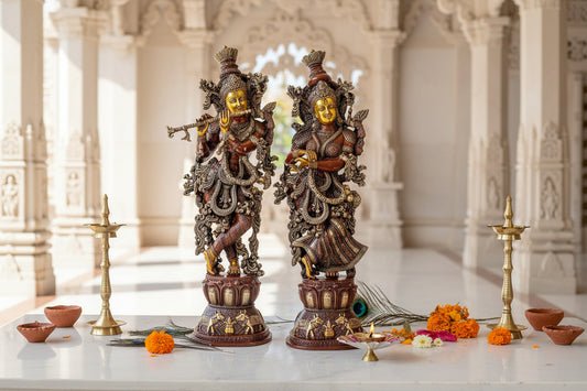 Antique Brown Gold Handcrafted Brass Radha Krishna 29 Inch Statue-ArtyCraftz.com