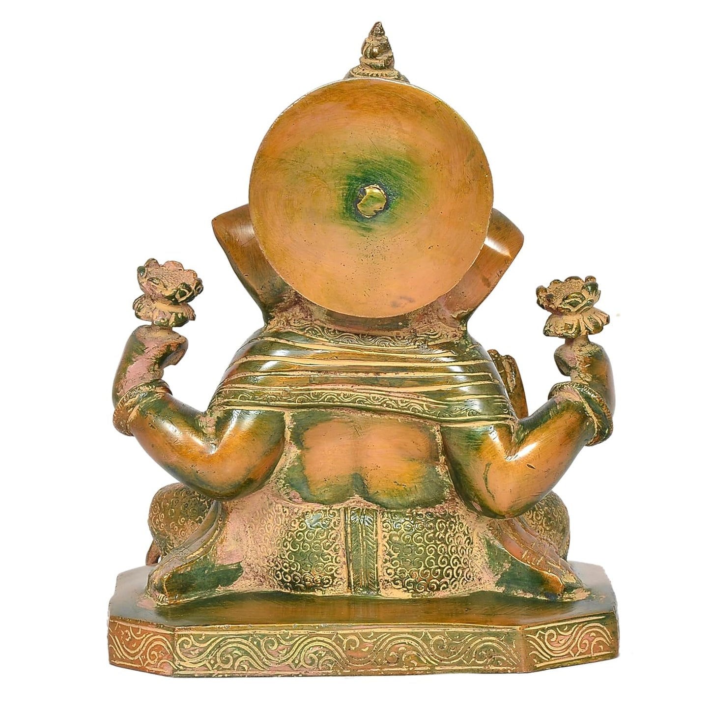 Antique Green and Gold Brass Ganesha Statue for Home Temple Back View-ArtyCraftz.com