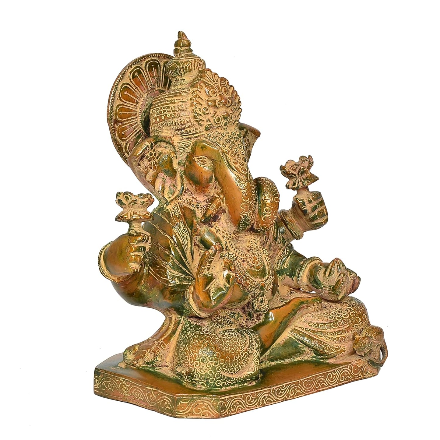 Antique Green and Gold Brass Ganesha Statue for Home Temple Left View-ArtyCraftz.com