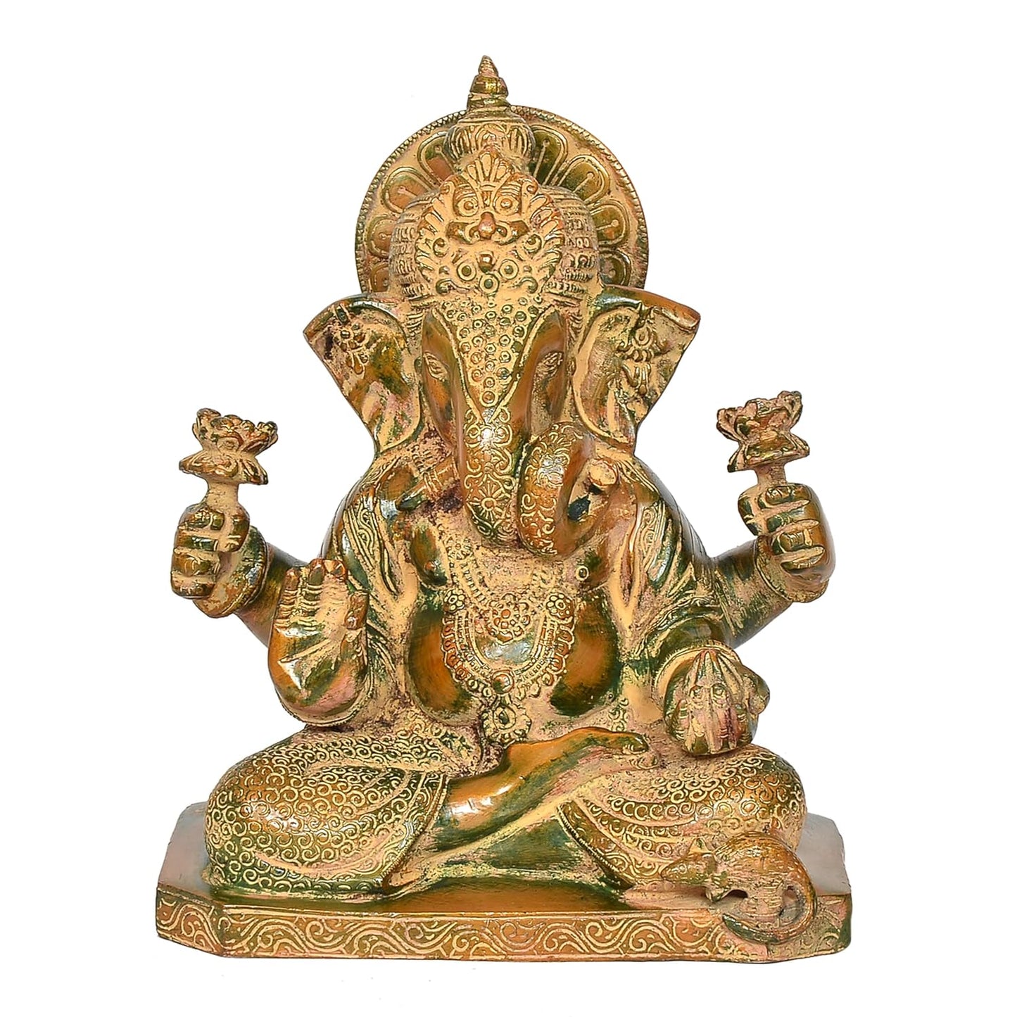 Antique Green and Gold Brass Ganesha Statue for Home Temple Front View-ArtyCraftz.com