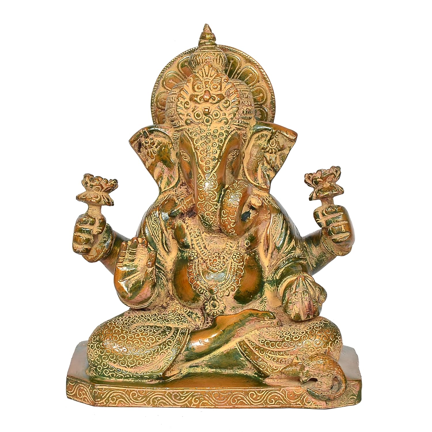 Antique Green and Gold Brass Ganesha Statue for Home Temple Front View-ArtyCraftz.com