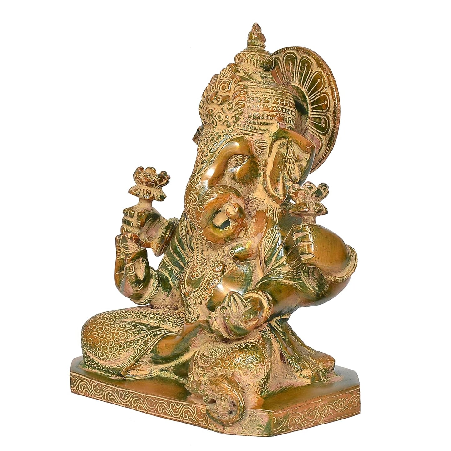 Antique Green and Gold Brass Ganesha Statue for Home Temple Right View-ArtyCraftz.com