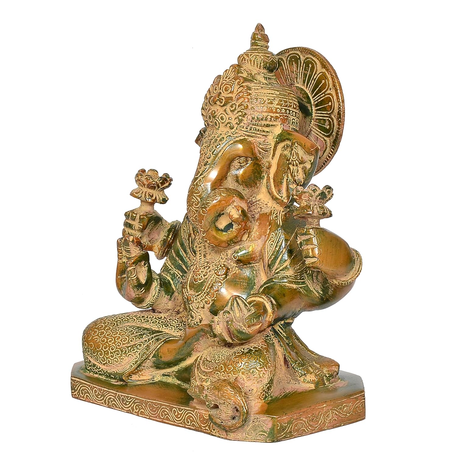 Antique Green and Gold Brass Ganesha Statue for Home Temple Right View-ArtyCraftz.com