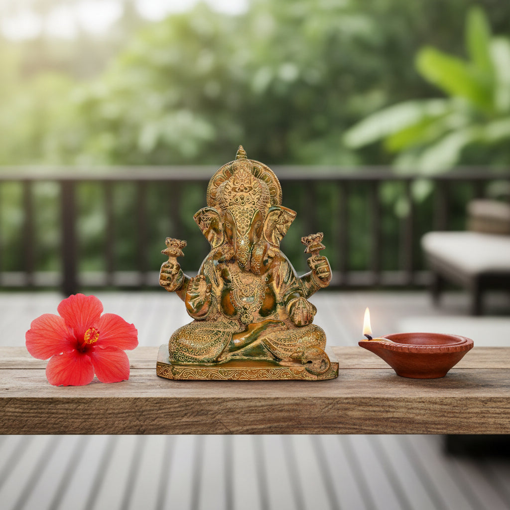 Antique Green and Gold Brass Ganesha Statue for Home Temple-ArtyCraftz.com