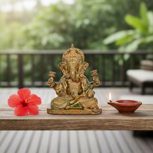Antique Green and Gold Brass Ganesha Statue for Home Temple-ArtyCraftz.com